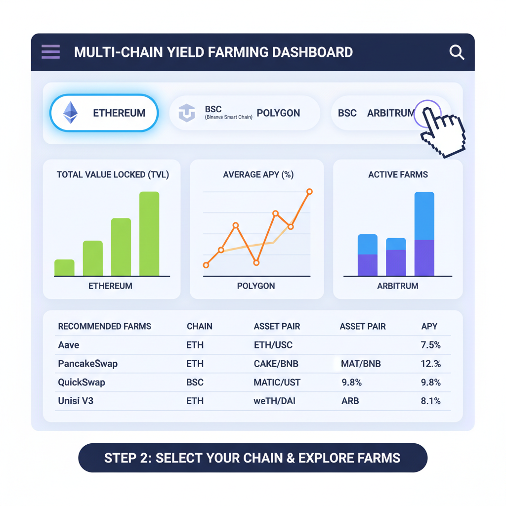 multi-chain defi dashboard selecting ethereum bsc polygon arbitrum yield farms, vibrant charts