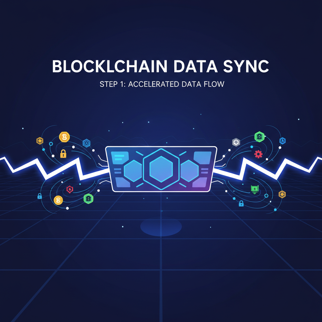 Blockchain data syncing like lightning bolts into a central dashboard, DeFi icons swirling, high-tech animation style