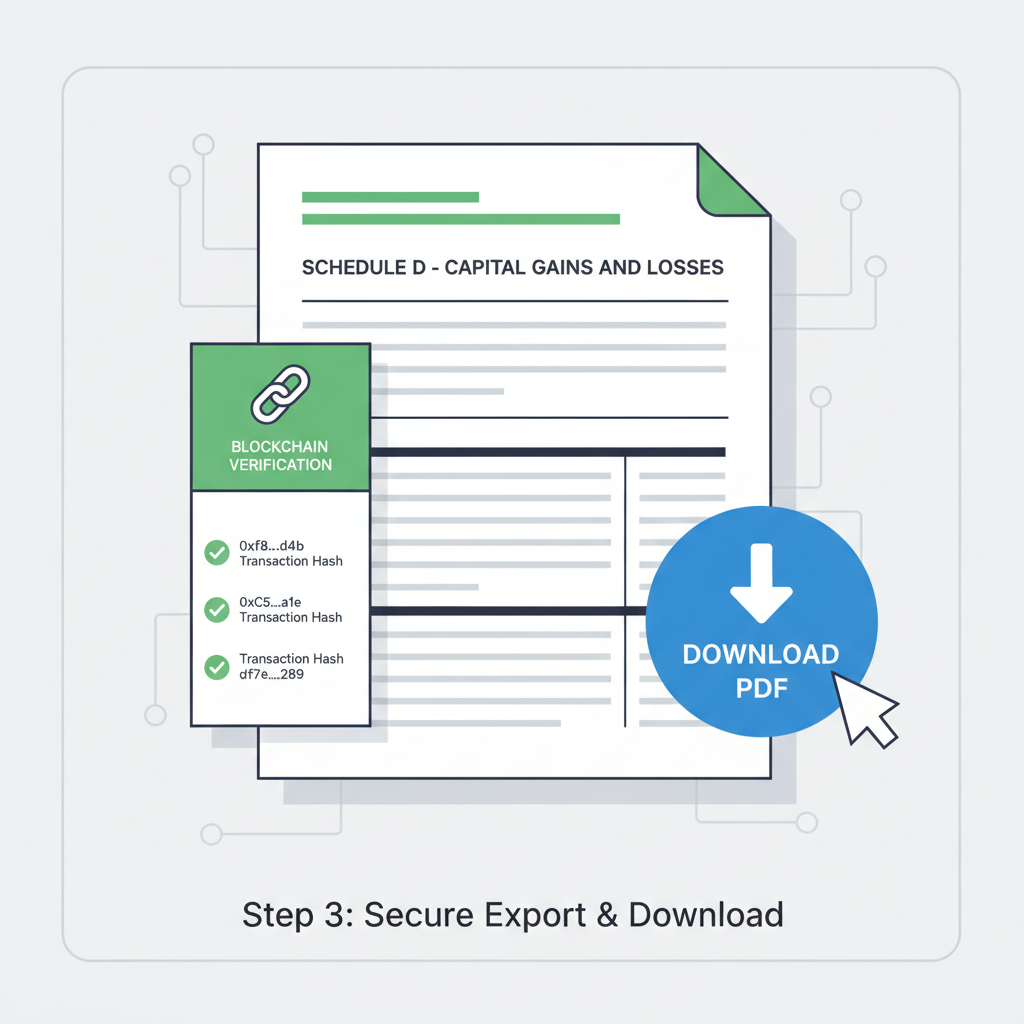 Professional PDF export of Schedule D tax form with blockchain hash verifications, download button