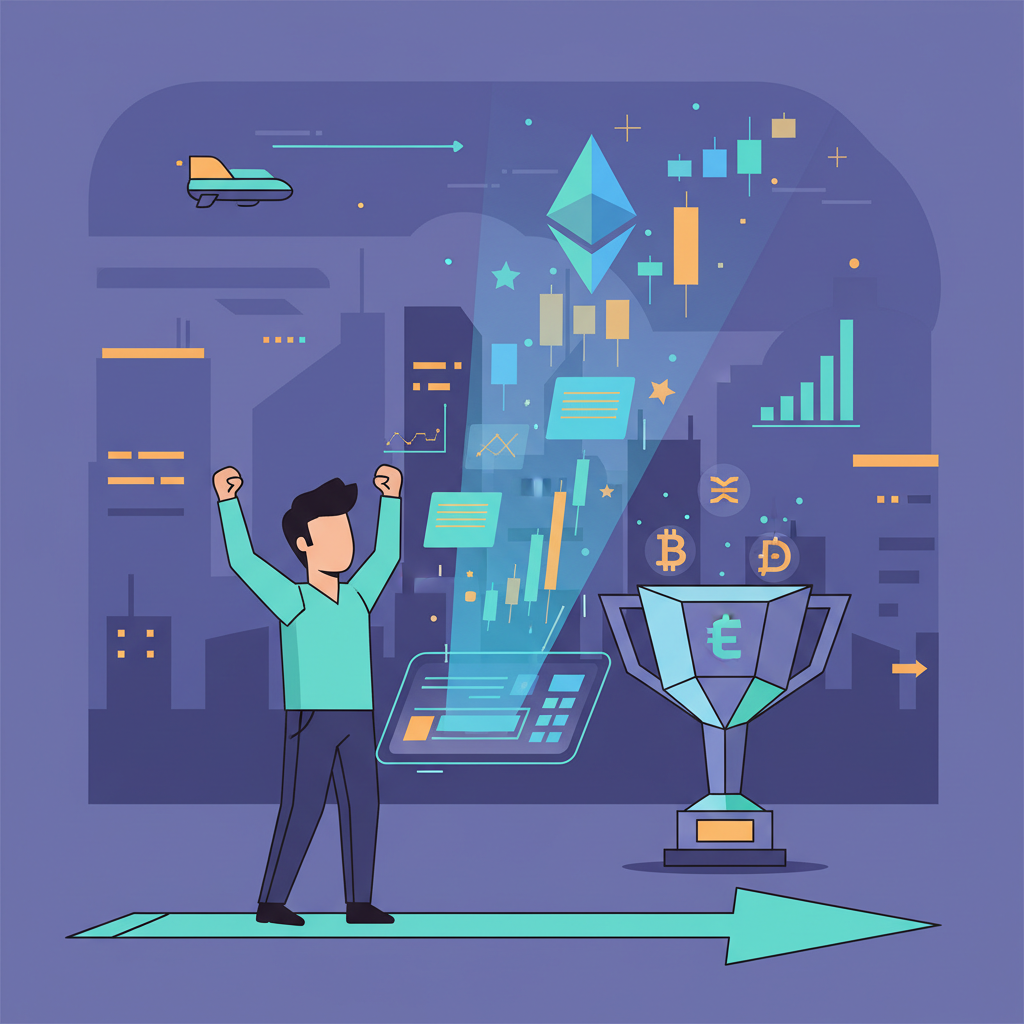 Triumphant trader exporting glowing reports from dashboard, victory trophy with crypto symbols, epic futuristic scene