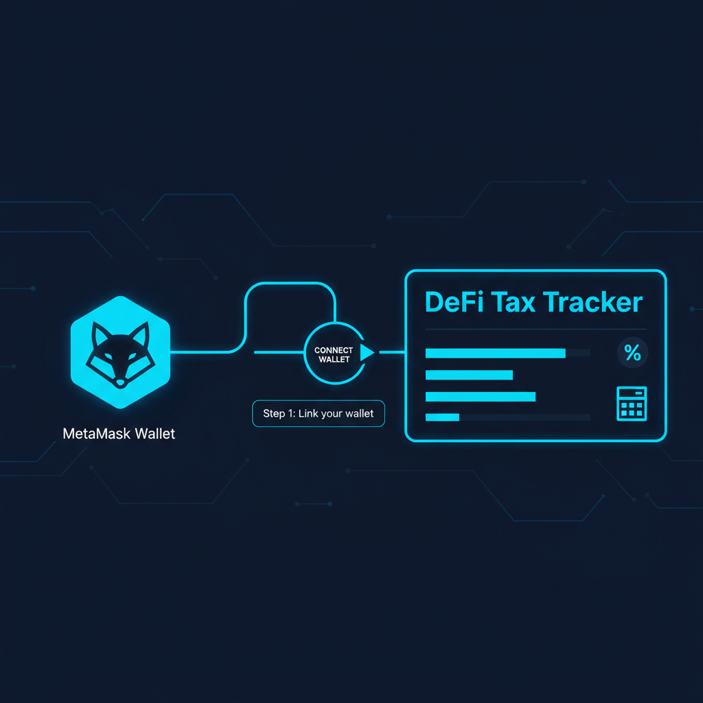 sleek dashboard connecting metamask wallet to defi tax tracker, neon blue tones, futuristic ui