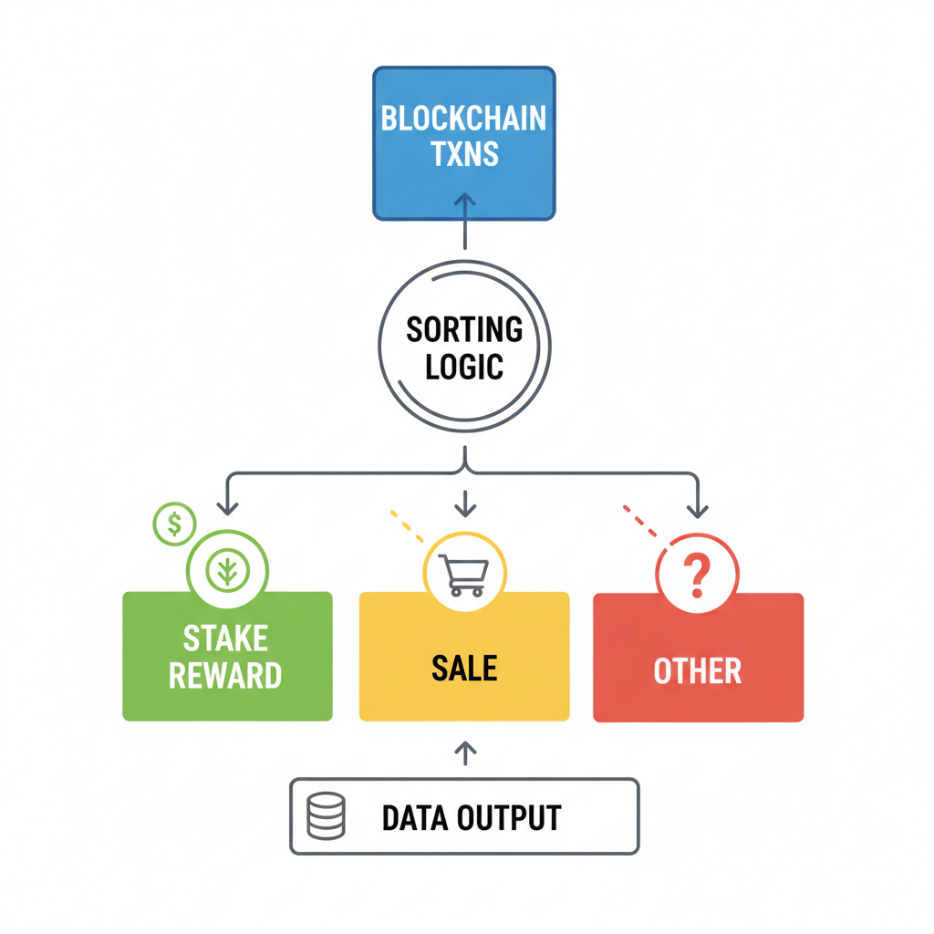 Illustrative icons sorting blockchain txns into stake reward sale categories, organized flowchart style