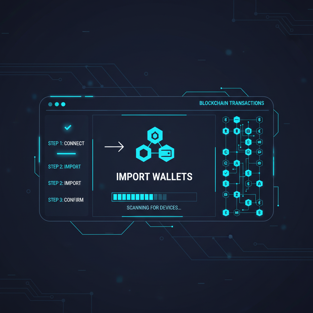 futuristic dashboard importing crypto wallets, blockchain transactions flowing in, neon blue tones