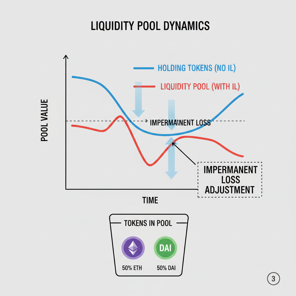 liquidity pool graph showing impermanent loss adjustment, DeFi tokens in pool, analytical overlay
