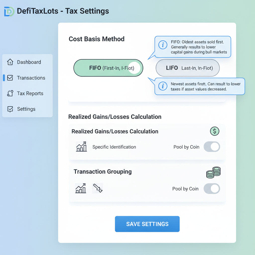 screenshot of DefiTaxLots tax settings page, FIFO LIFO toggle selected, explanatory tooltips