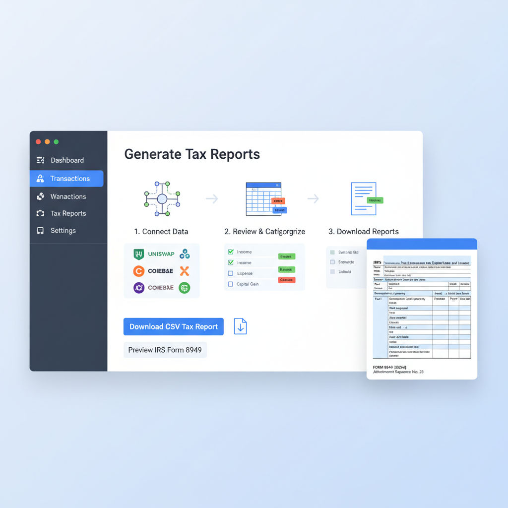 downloading csv tax report from defi tool, irs form 8949 preview, professional interface