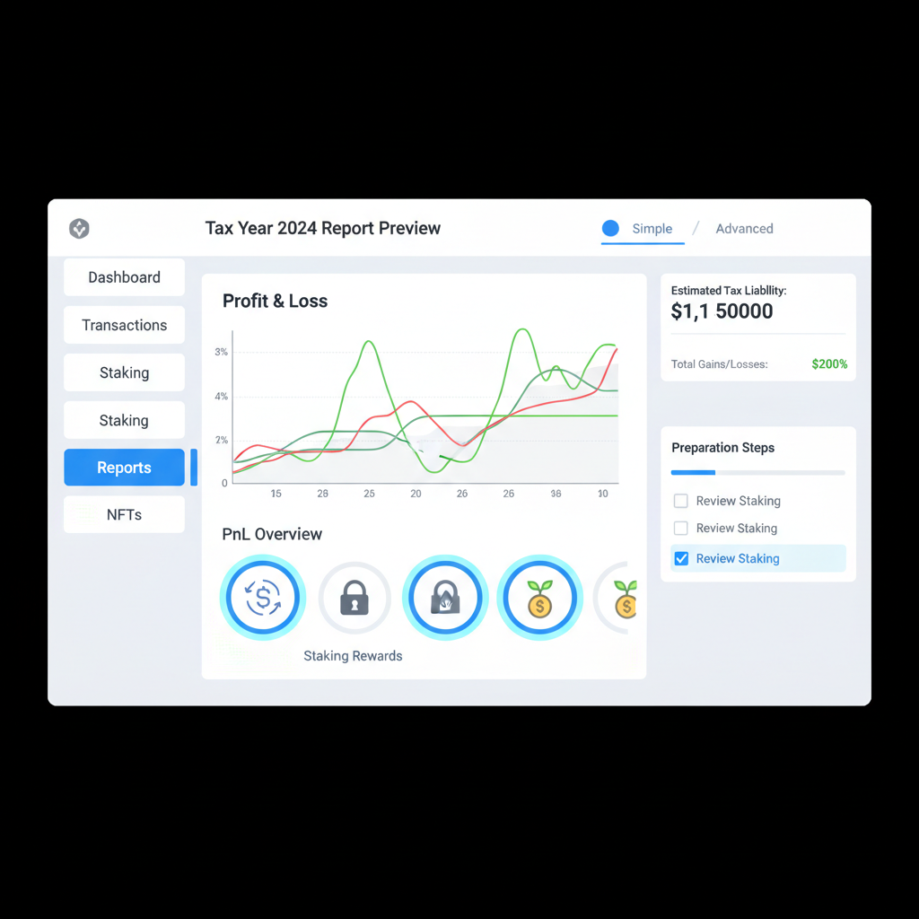 Detailed tax report preview dashboard with PnL graphs, staking icons highlighted