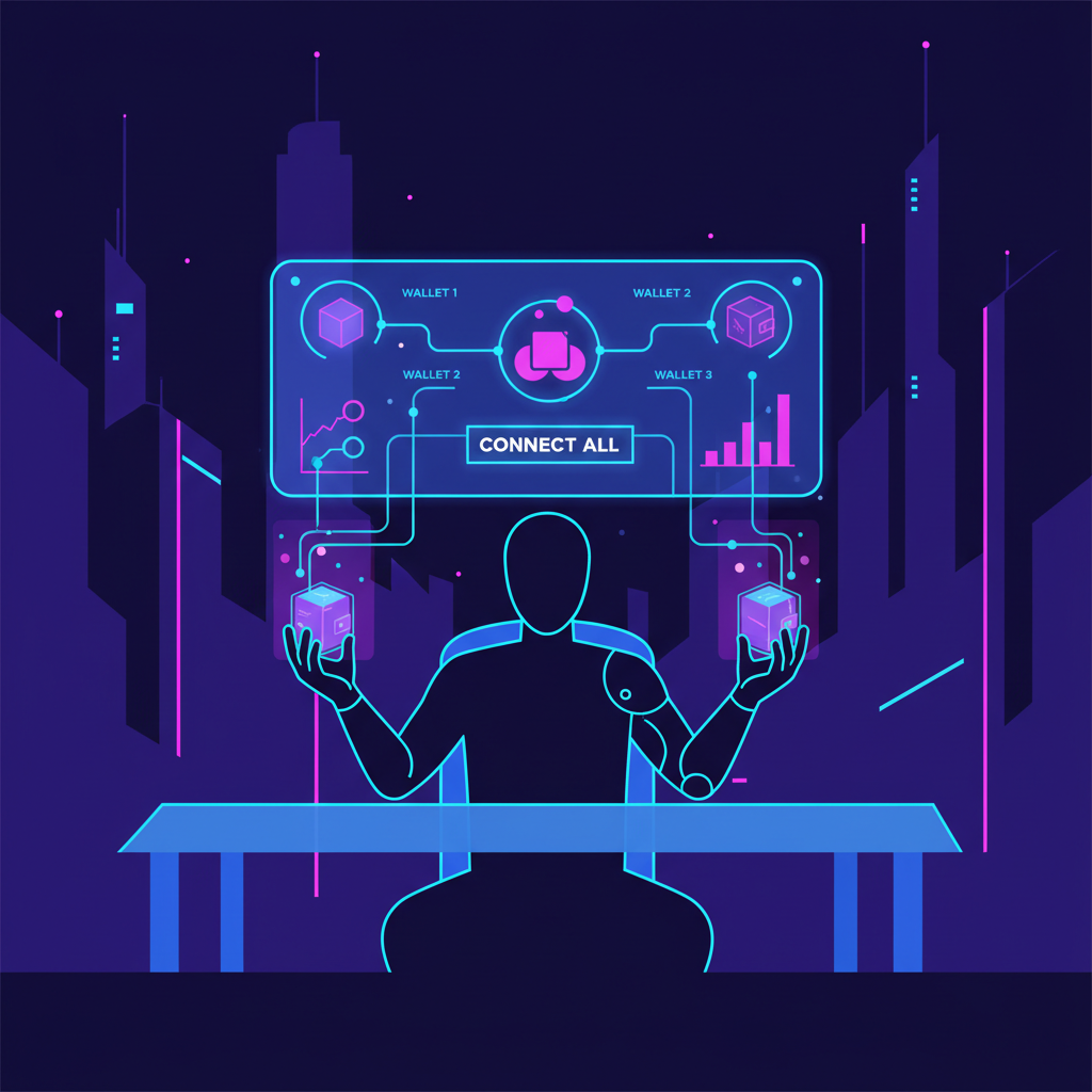 DeFi trader connecting multiple wallets to glowing dashboard, futuristic cyberpunk interface, neon blues and purples