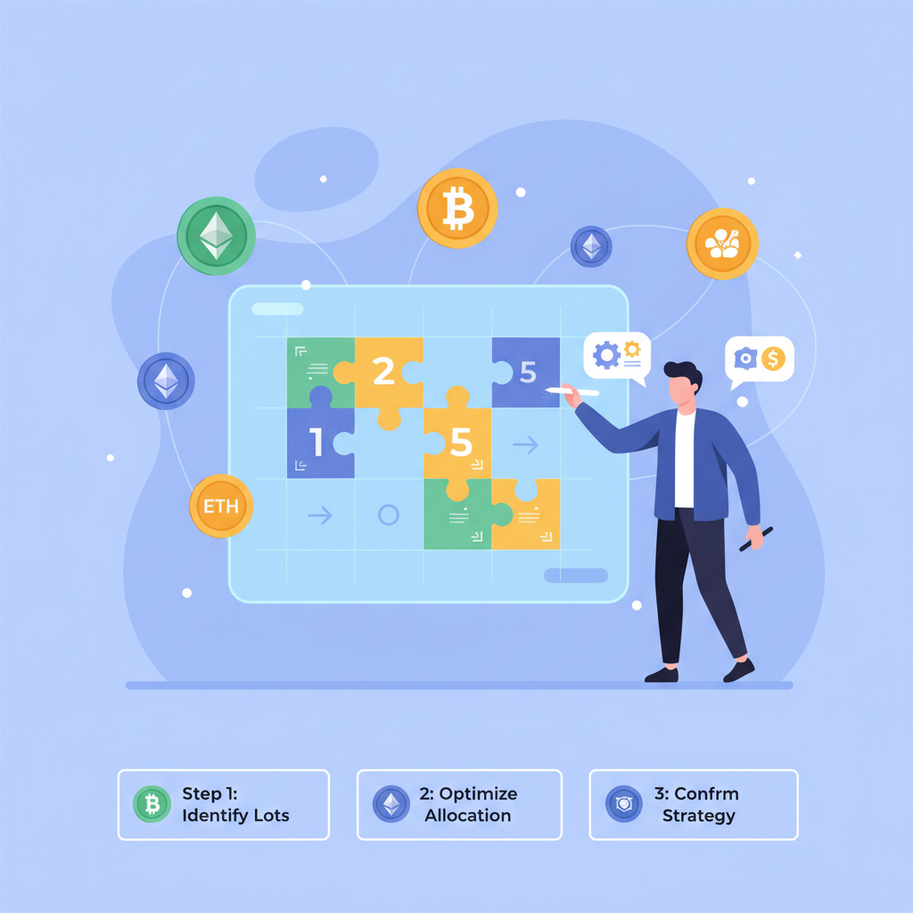 Trader customizing tax lot puzzle pieces on holographic screen, crypto tokens floating, strategic puzzle assembly