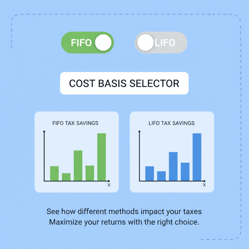 toggle switch fifo lifo cost basis selector on crypto tax ui, graphs showing tax savings