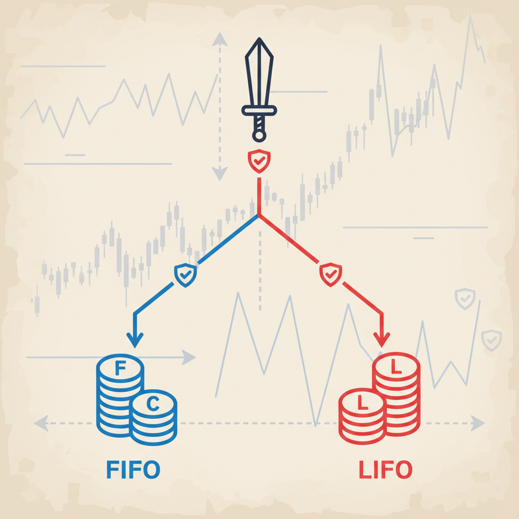 Sword icon splitting into FIFO and LIFO paths, crypto charts background, strategic battle map style