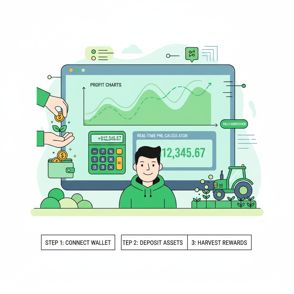 harvesting defi yield rewards with real-time pnl calculator dashboard, green profit charts