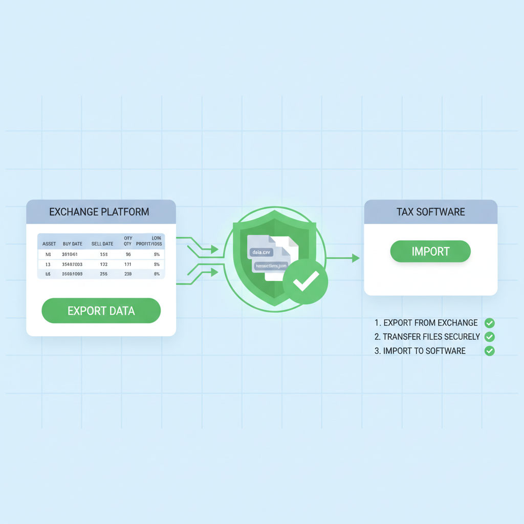 exporting crypto tax lots to software, data files transferring, secure green checkmarks