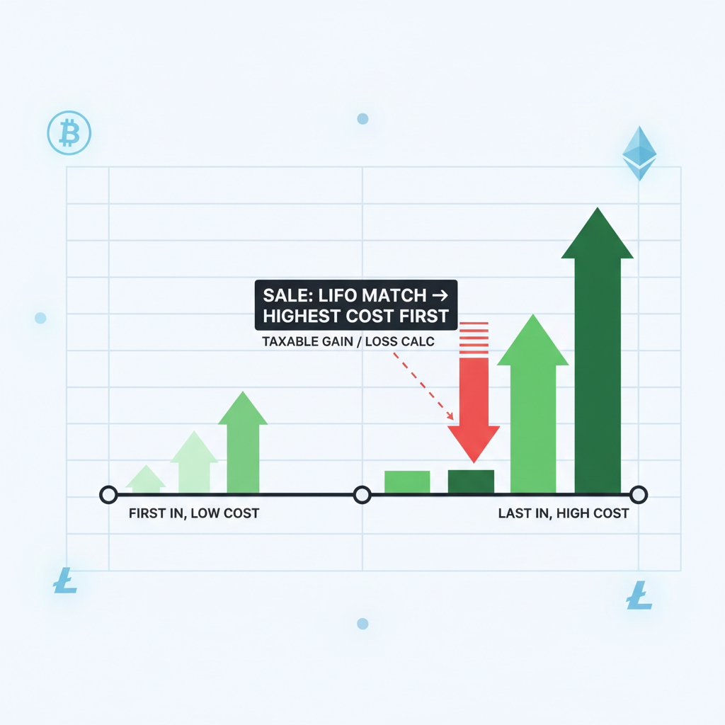 LIFO cost basis chart for crypto trades, rising green arrows, digital ledger interface