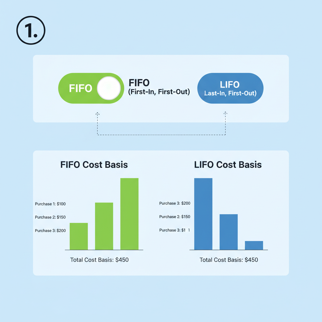 Tax software toggle switch between FIFO and LIFO options, cost basis charts comparing methods
