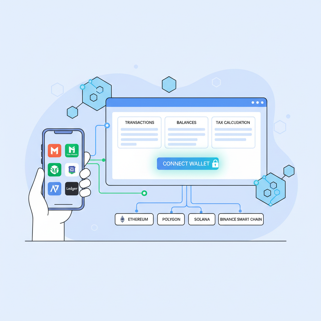 User securely connecting crypto wallets to a clean DeFi tax dashboard, blockchain links glowing, modern UI