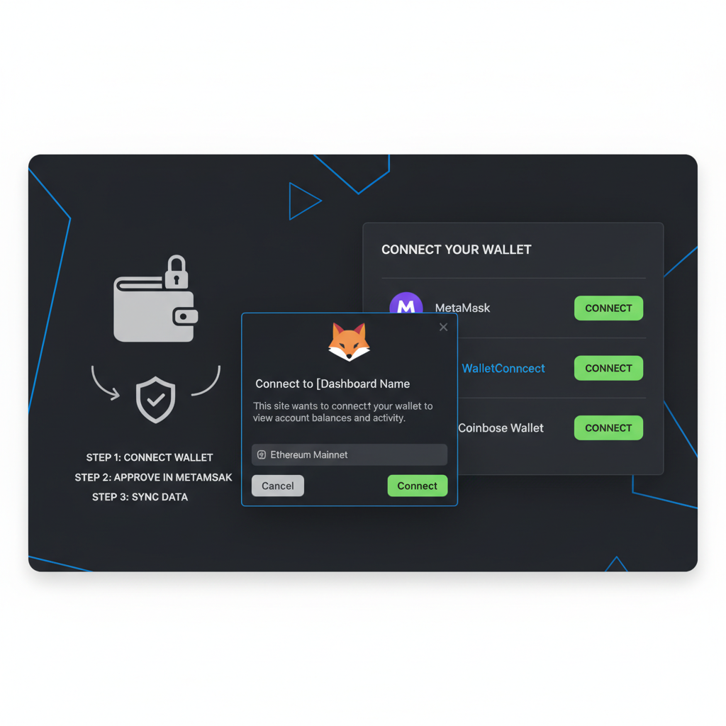 Clean screenshot of DeFi tax dashboard wallet connection screen, MetaMask popup, modern dark UI, green connect button