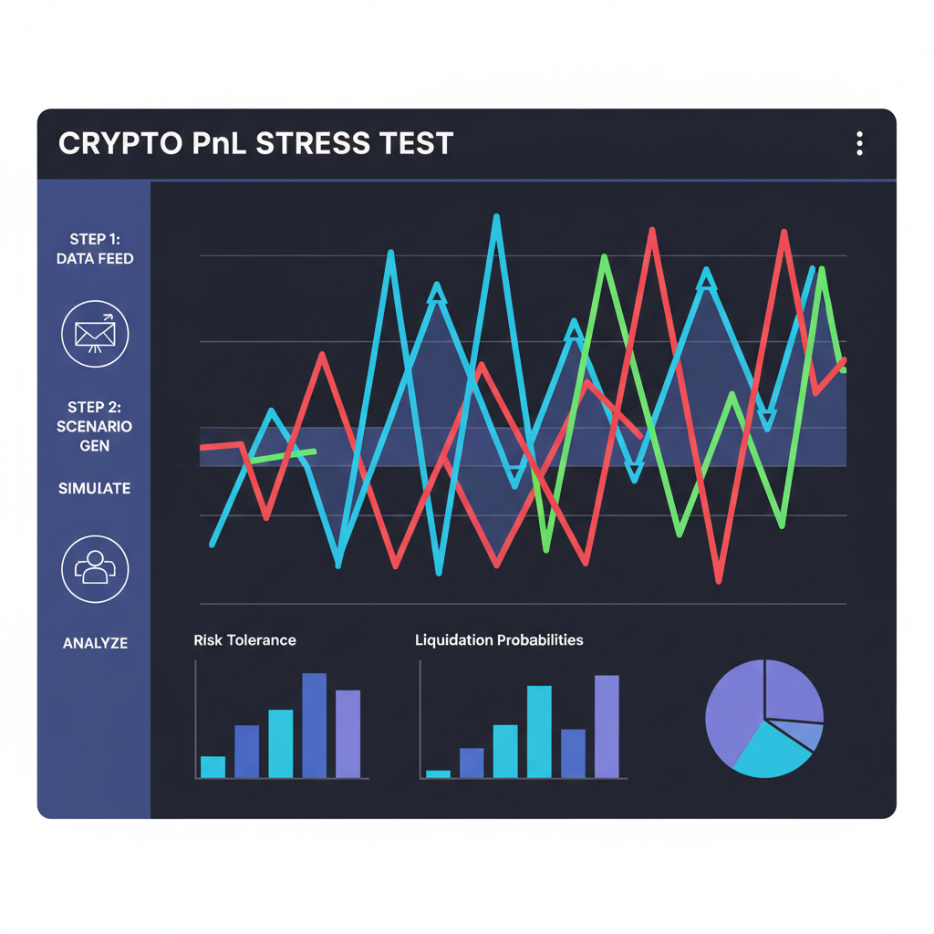 stress-testing crypto PnL charts, multiple scenario graphs spiking, high-tech analytics screen